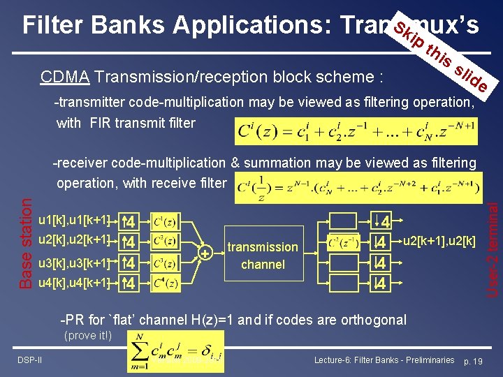 Sk Filter Banks Applications: Transmux’s ip th is CDMA Transmission/reception block scheme : sli