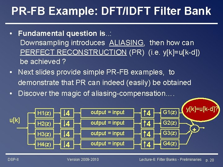 PR-FB Example: DFT/IDFT Filter Bank • Fundamental question is. . : Downsampling introduces ALIASING,