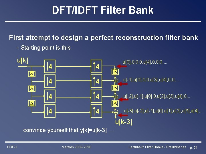 DFT/IDFT Filter Bank First attempt to design a perfect reconstruction filter bank - Starting