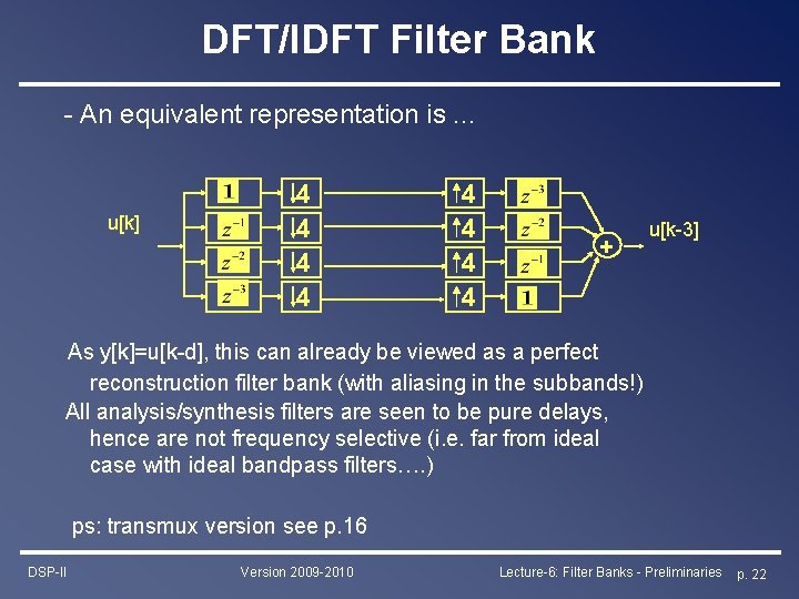 DFT/IDFT Filter Bank - An equivalent representation is. . . u[k] 4 4 4