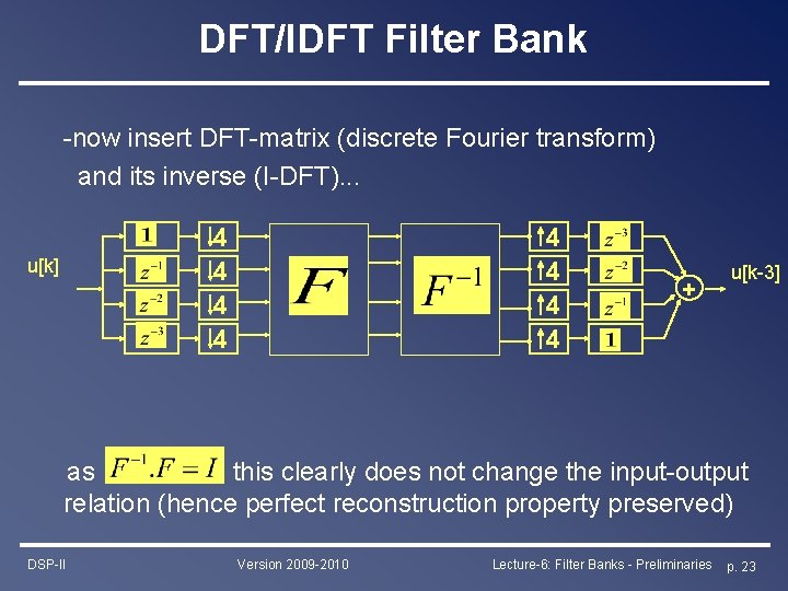 DFT/IDFT Filter Bank -now insert DFT-matrix (discrete Fourier transform) and its inverse (I-DFT). .