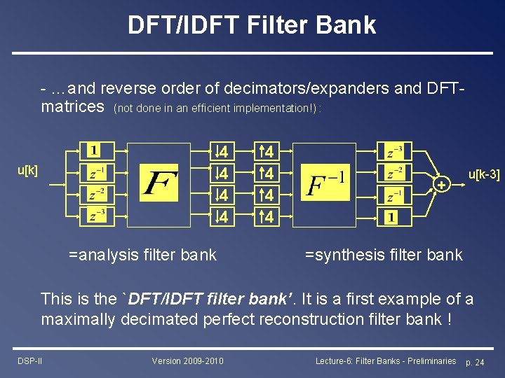 DFT/IDFT Filter Bank - …and reverse order of decimators/expanders and DFTmatrices (not done in