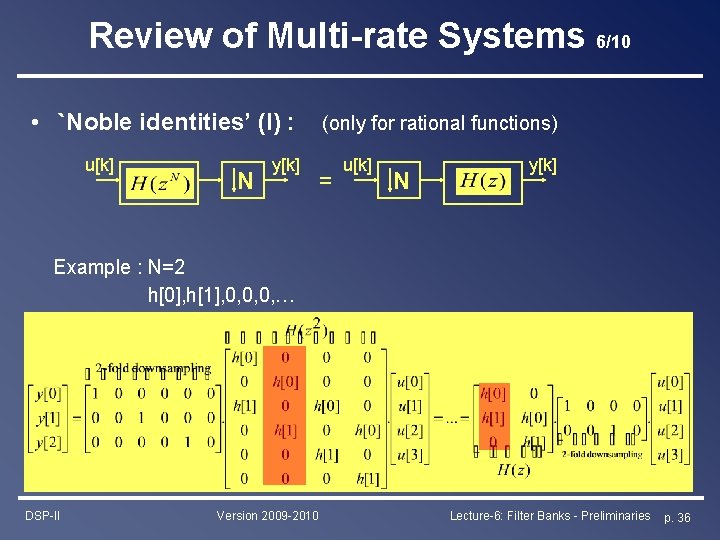 Review of Multi-rate Systems 6/10 • `Noble identities’ (I) : u[k] N y[k] (only