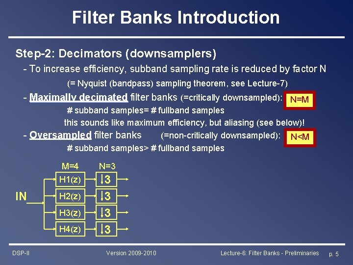Filter Banks Introduction Step-2: Decimators (downsamplers) - To increase efficiency, subband sampling rate is