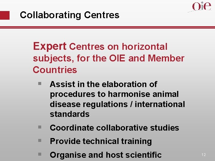 Collaborating Centres Expert Centres on horizontal subjects, for the OIE and Member Countries §