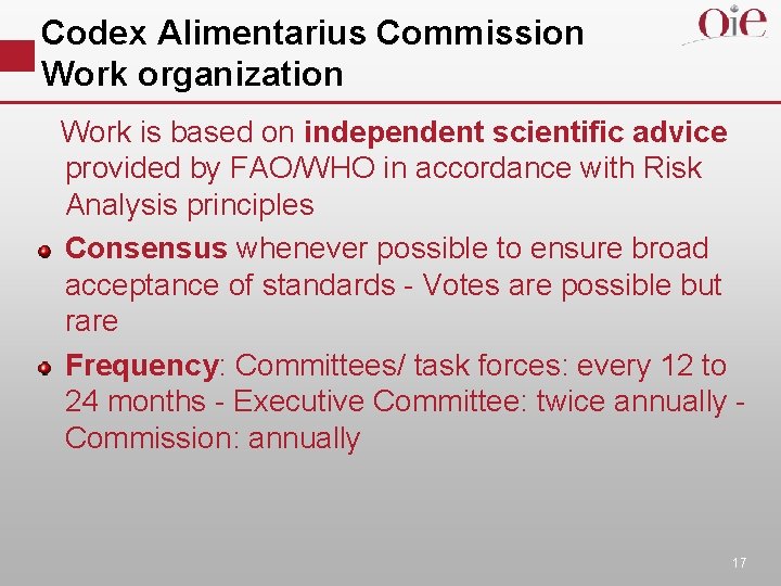 Codex Alimentarius Commission Work organization Work is based on independent scientific advice provided by