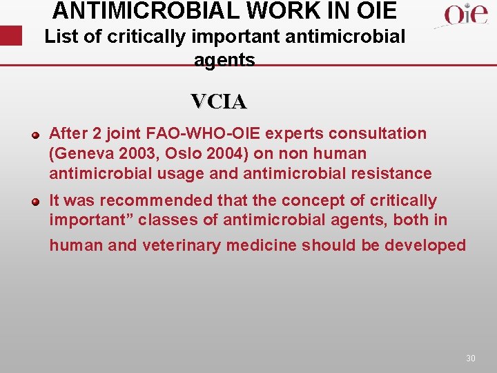 ANTIMICROBIAL WORK IN OIE List of critically important antimicrobial agents VCIA After 2 joint