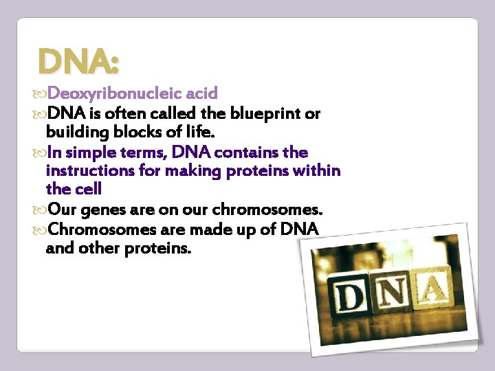 DNA: Deoxyribonucleic acid DNA is often called the blueprint or building blocks of life.