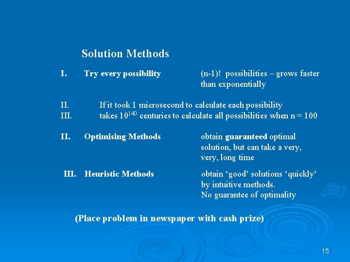 Solution Methods I. Try every possibility II. III. (n-1)! possibilities – grows faster than