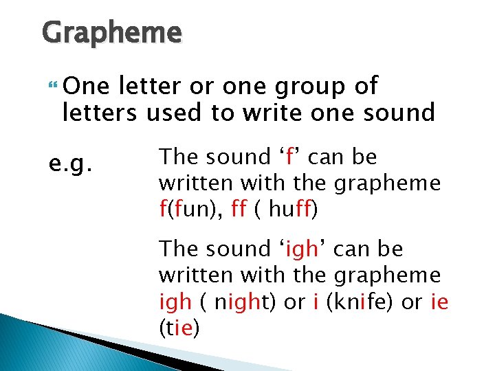 Grapheme One letter or one group of letters used to write one sound e.