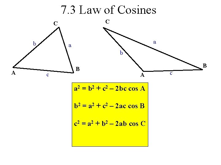 7. 3 Law of Cosines C C b a a b A c B