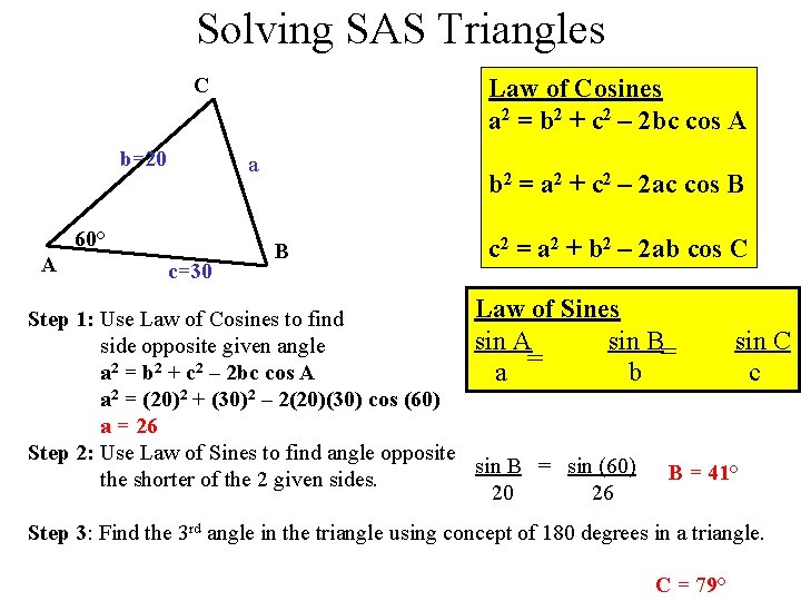 Solving SAS Triangles C b=20 a 60° A Law of Cosines a 2 =