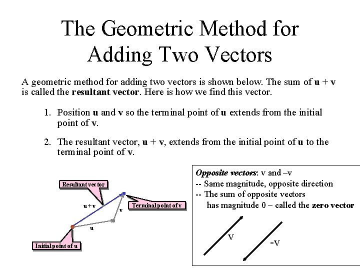 The Geometric Method for Adding Two Vectors A geometric method for adding two vectors