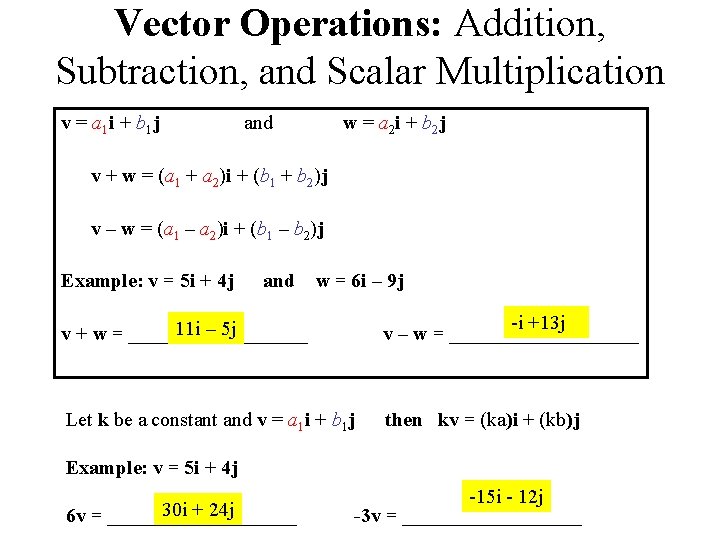 Vector Operations: Addition, Subtraction, and Scalar Multiplication v = a 1 i + b