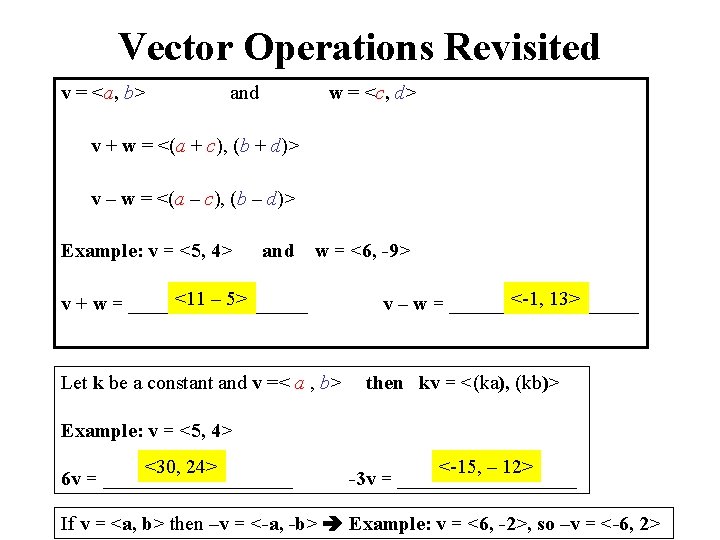 Vector Operations Revisited v = <a, b> and w = <c, d> v +