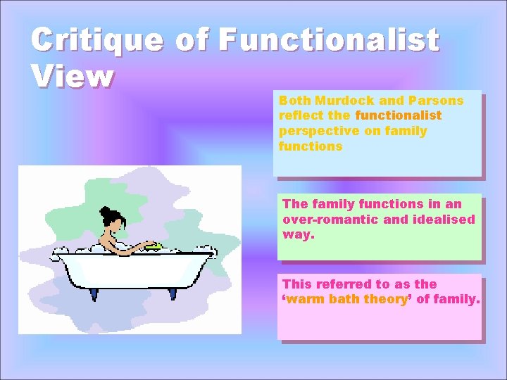 Critique of Functionalist View Both Murdock and Parsons reflect the functionalist perspective on family