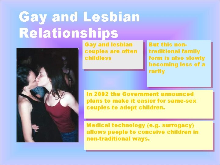 Gay and Lesbian Relationships Gay and lesbian couples are often childless But this nontraditional