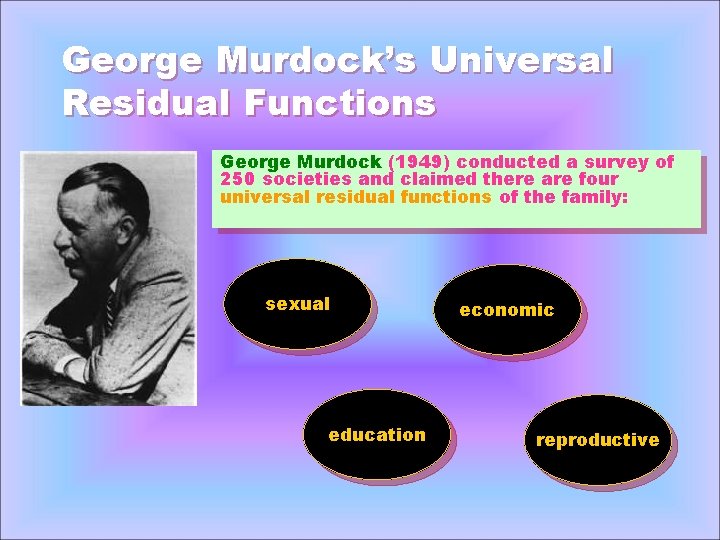 George Murdock’s Universal Residual Functions George Murdock (1949) conducted a survey of 250 societies