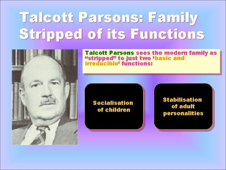 Talcott Parsons: Family Stripped of its Functions Talcott Parsons sees the modern family as