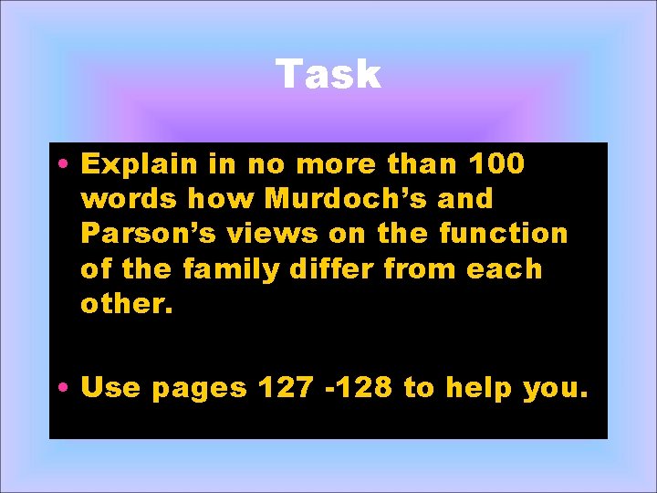 Task • Explain in no more than 100 words how Murdoch’s and Parson’s views