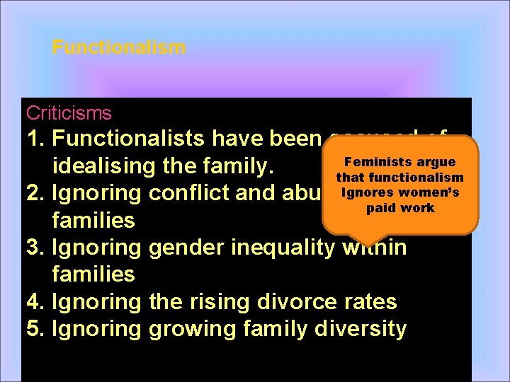 Functionalism Criticisms 1. Functionalists have been accused of Feminists argue idealising the family. that