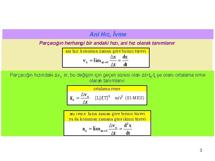 Ani Hız, İvme Parçacığın herhangi bir andaki hızı, ani hız olarak tanımlanır Parçacığın hızındaki