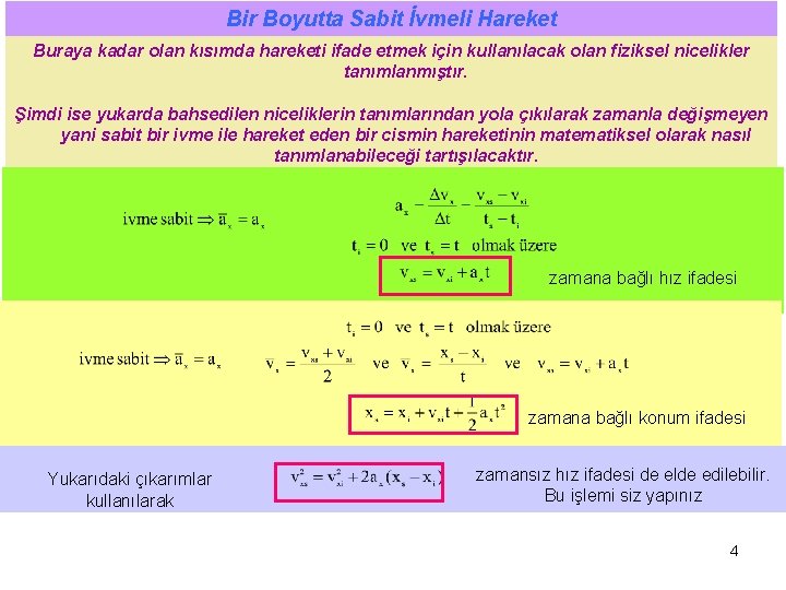 Bir Boyutta Sabit İvmeli Hareket Buraya kadar olan kısımda hareketi ifade etmek için kullanılacak