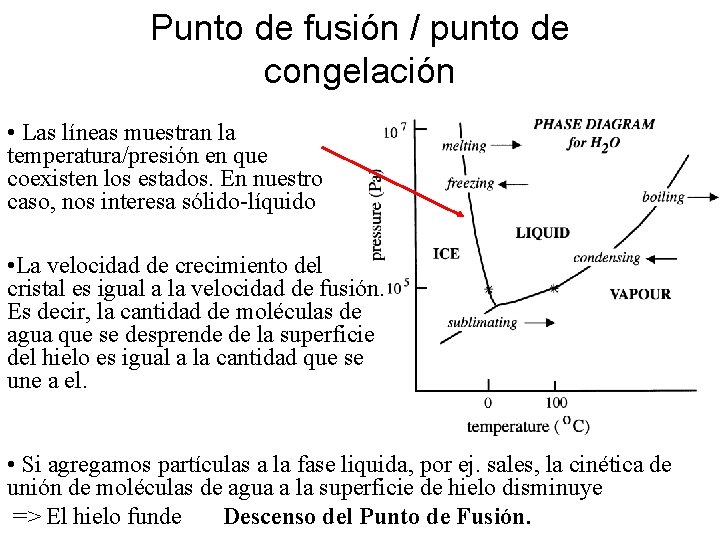 Punto de fusión / punto de congelación • Las líneas muestran la temperatura/presión en