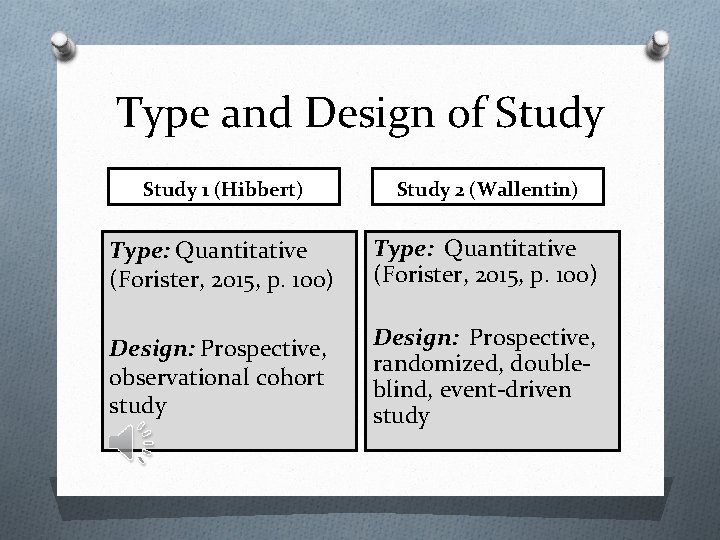 Type and Design of Study 1 (Hibbert) Study 2 (Wallentin) Type: Quantitative (Forister, 2015,