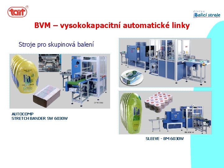 BVM – vysokokapacitní automatické linky Stroje pro skupinová balení COMPACTA AUTOCOMP STRETCH BANDER SW