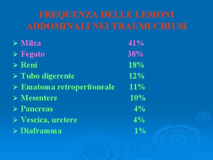 FREQUENZA DELLE LESIONI ADDOMINALI NEI TRAUMI CHIUSI Milza Ø Fegato Ø Reni Ø Tubo