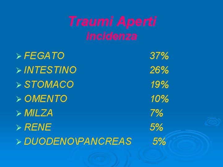 Traumi Aperti incidenza Ø FEGATO Ø INTESTINO Ø STOMACO Ø OMENTO Ø MILZA Ø