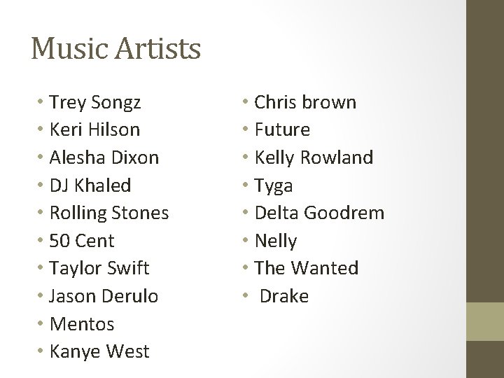 Music Artists • Trey Songz • Keri Hilson • Alesha Dixon • DJ Khaled