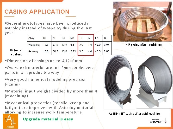 CASING APPLICATION § Several prototypes have been produced in astroloy instead of waspaloy during