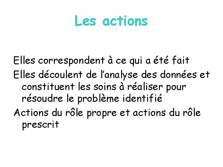 Les actions Elles correspondent à ce qui a été fait Elles découlent de l’analyse
