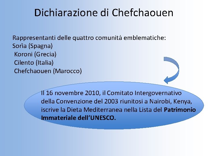 Dichiarazione di Chefchaouen Rappresentanti delle quattro comunita emblematiche: Sori a (Spagna) Koroni (Grecia) Cilento