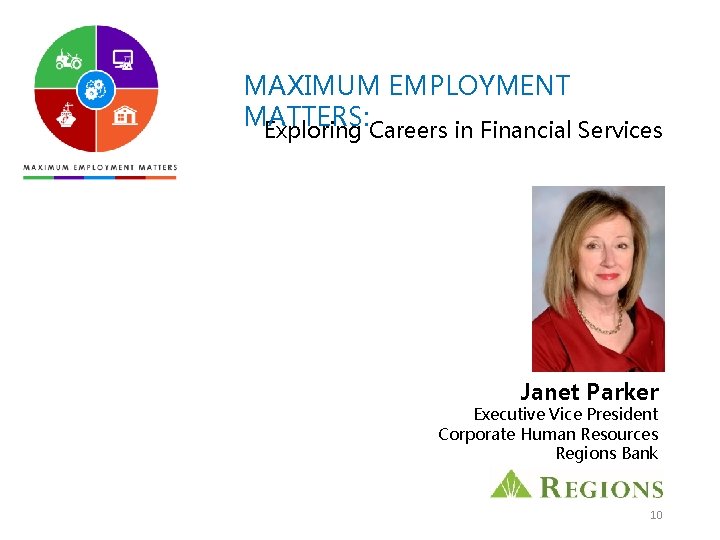 MAXIMUM EMPLOYMENT MATTERS: Exploring Careers in Financial Services Janet Parker Executive Vice President Corporate