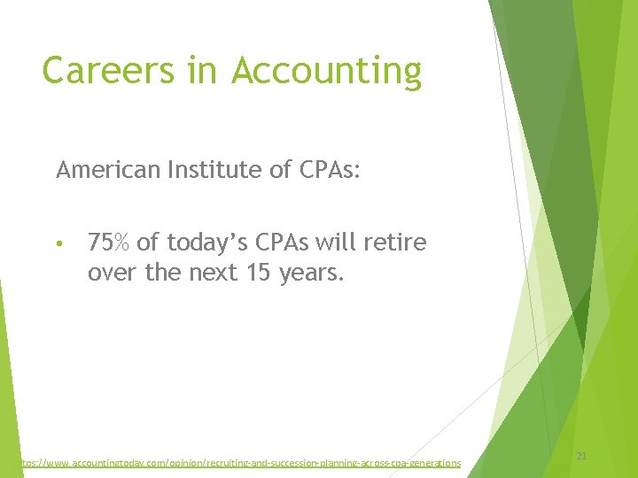 Careers in Accounting American Institute of CPAs: • 75% of today’s CPAs will retire