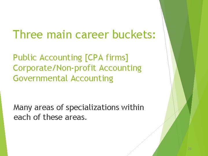 Three main career buckets: Public Accounting [CPA firms] Corporate/Non-profit Accounting Governmental Accounting Many areas
