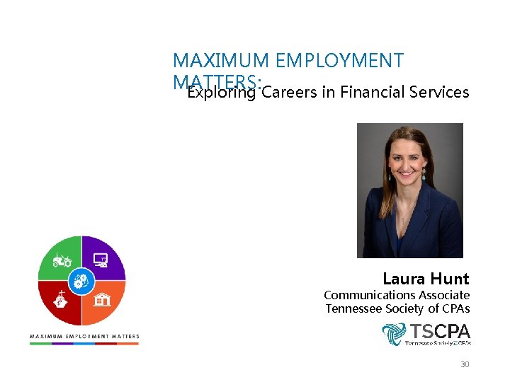 MAXIMUM EMPLOYMENT MATTERS: Exploring Careers in Financial Services Laura Hunt Communications Associate Tennessee Society