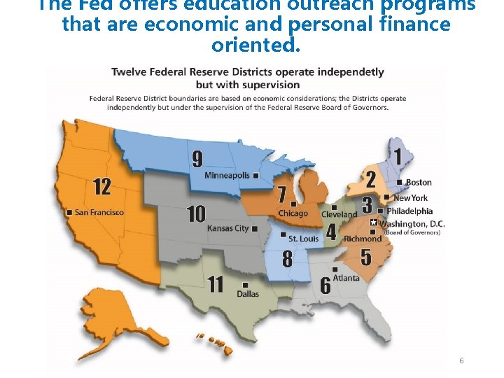 The Fed offers education outreach programs that are economic and personal finance oriented. 6