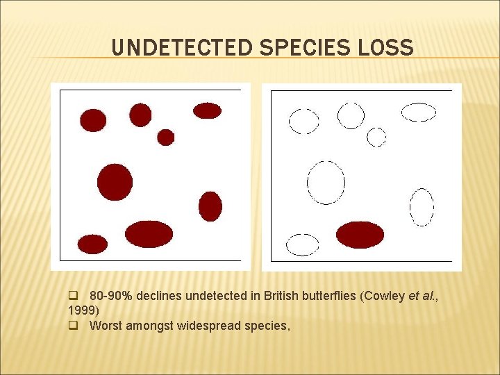 UNDETECTED SPECIES LOSS q 80 -90% declines undetected in British butterflies (Cowley et al.