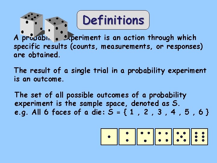 Definitions A probability experiment is an action through which specific results (counts, measurements, or