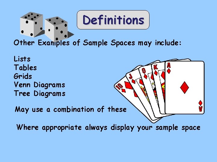 Definitions Other Examples of Sample Spaces may include: Lists Tables Grids Venn Diagrams Tree