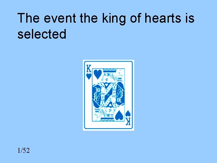 The event the king of hearts is selected 1/52 