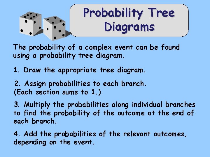 Probability Tree Diagrams The probability of a complex event can be found using a