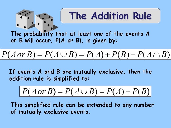 The Addition Rule The probability that at least one of the events A or