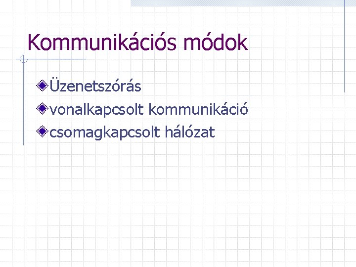 Kommunikációs módok Üzenetszórás vonalkapcsolt kommunikáció csomagkapcsolt hálózat 