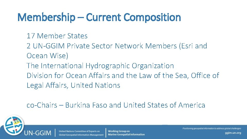 Membership – Current Composition 17 Member States 2 UN-GGIM Private Sector Network Members (Esri