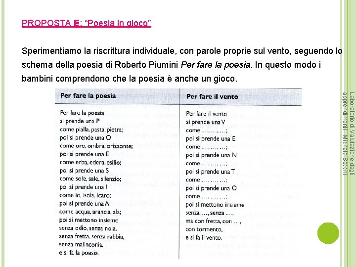 PROPOSTA E: “Poesia in gioco” Sperimentiamo la riscrittura individuale, con parole proprie sul vento,